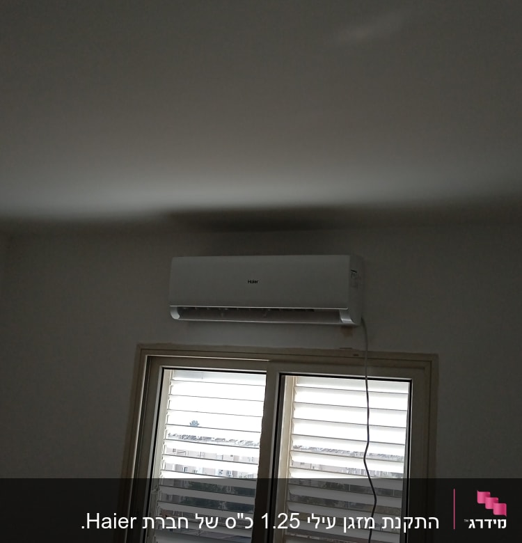 מזגן מותקן על קיר מעל חלון עם תריסים